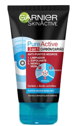 Skin Active - Pure Active, Gel Limpiador de Poros y Exfoliante Facial con Carbón 3 en 1, 150ml